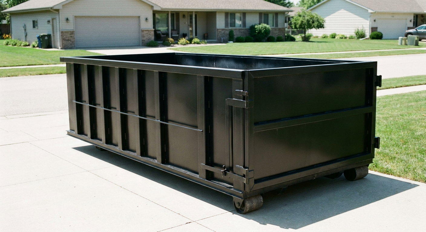 Matte-black 10-yard roll-off dumpster on a residential concrete driveway in Alpharetta, uniformly painted matte black across every panel and rail, ribbed steel sidewalls and rear swing door visible, mid-day daylight.