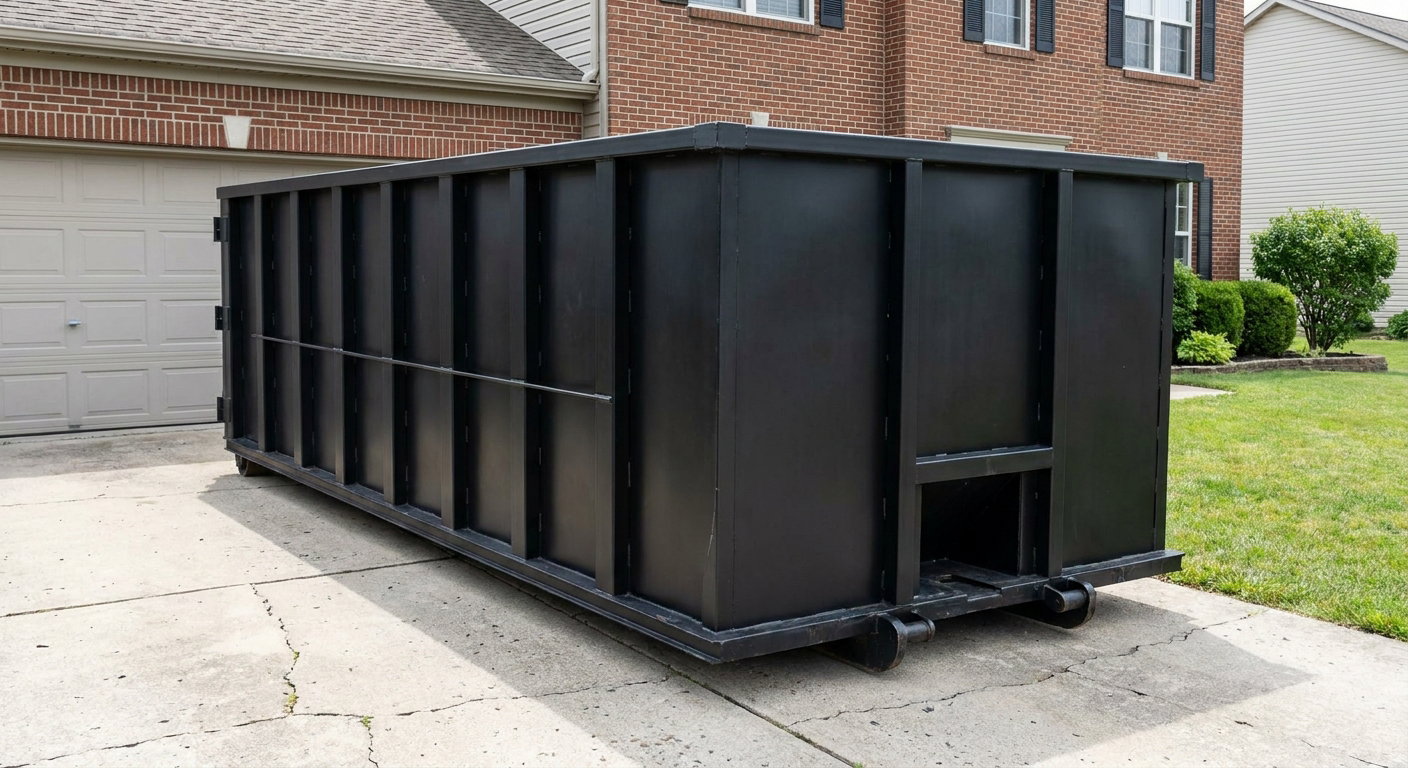 Matte-black 20-yard roll-off container on a Alpharetta residential concrete driveway with reinforced ribbed steel sidewalls and a hinged rear walk-in door, clean bright daylight.