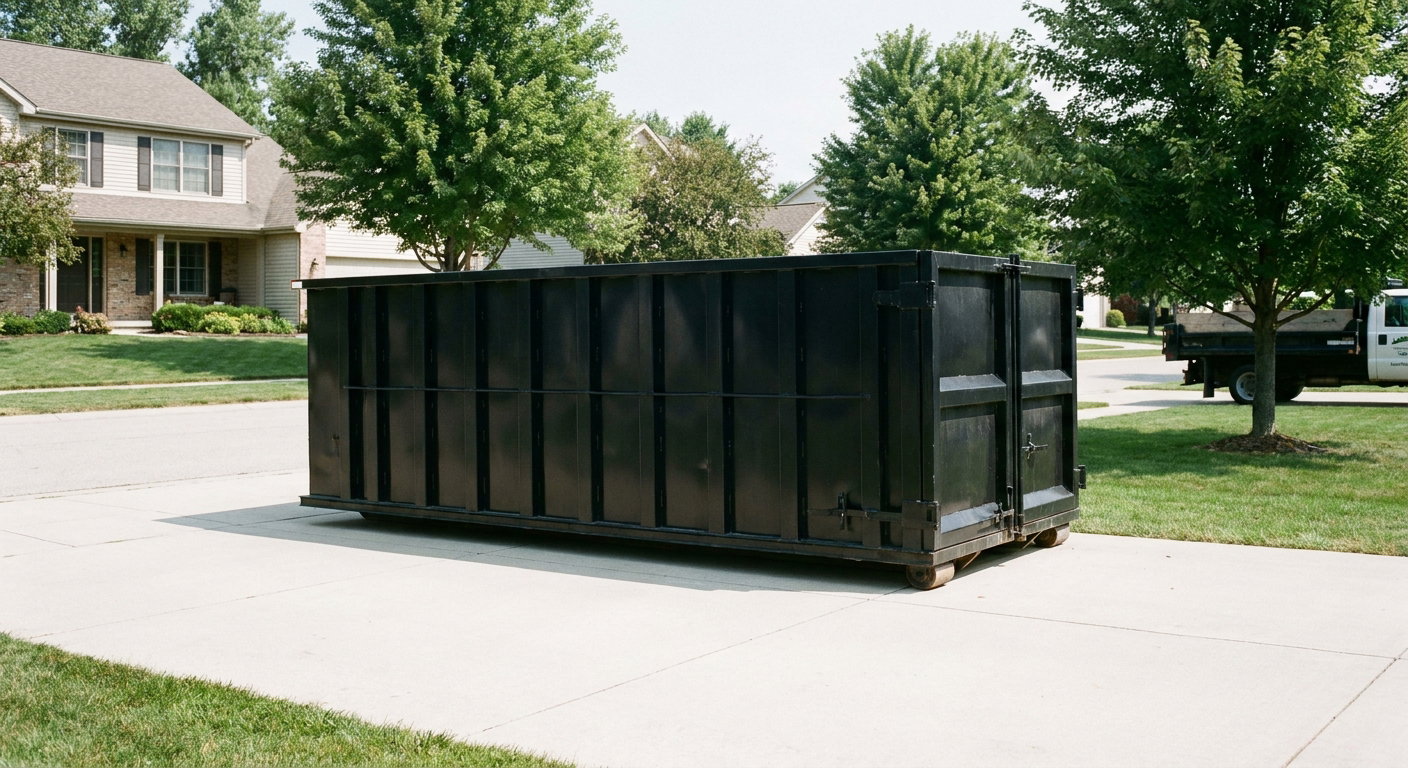 Matte-black 20-yard roll-off dumpster sitting level on a clean Alpharetta residential concrete driveway under bright daylight, demonstrating clean placement directly on the concrete.