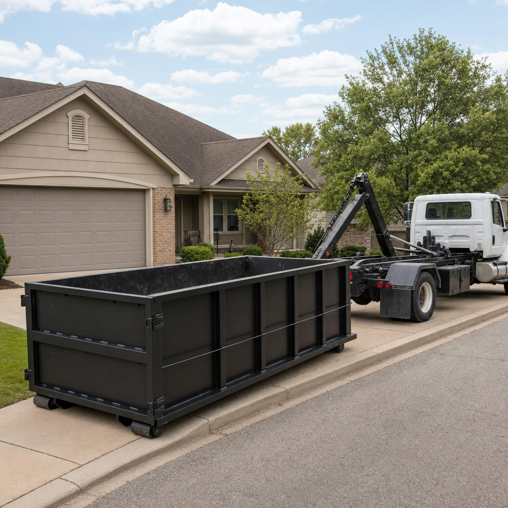 Wide documentary shot of a matte-black roll-off dumpster on a Alpharetta residential driveway in the foreground and a contractor jobsite container in the soft-focus background, bright daylight, calm and orderly composition.